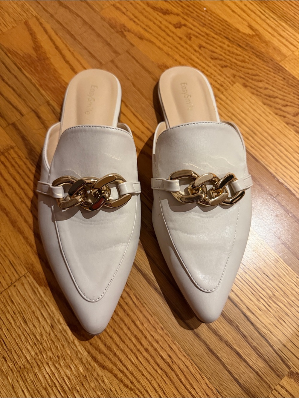 Slip-On Pointed Toe Mules with Gold Chain Accent - White
